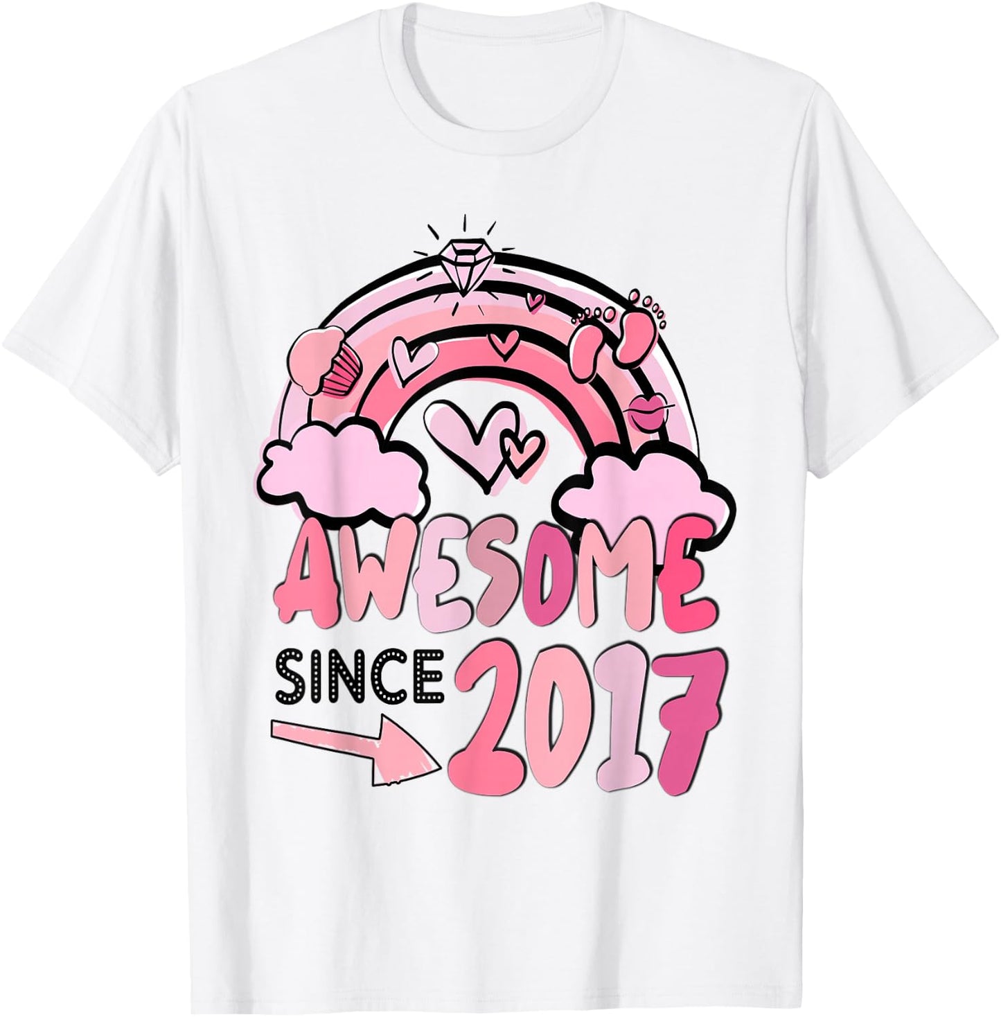 Cute Pink Rainbow Awesome Since 2017 Girl's Birthday T-Shirt - T-Shirt | White