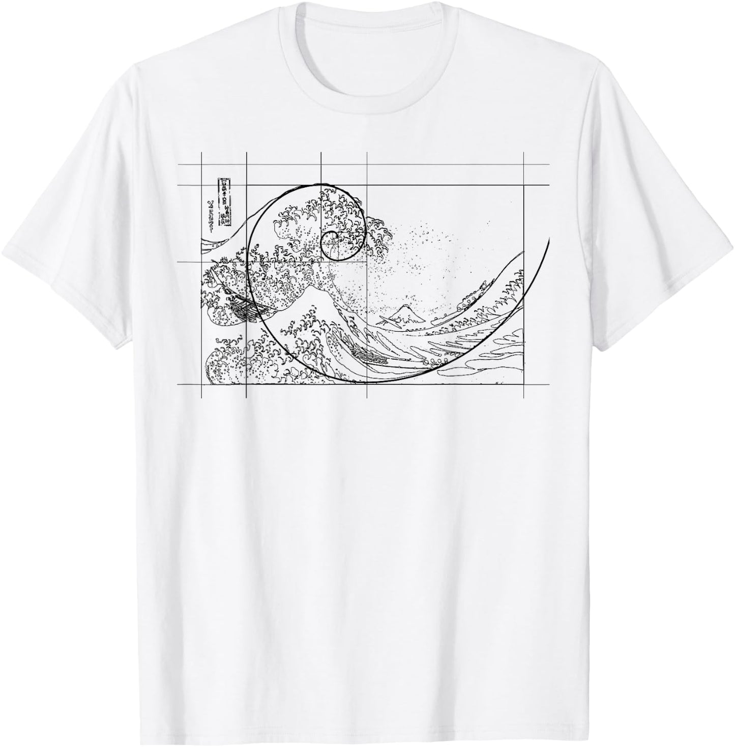 Hokusai Meets Fibonacci, Golden Ratio, Black Line T-Shirt - T-Shirt | White