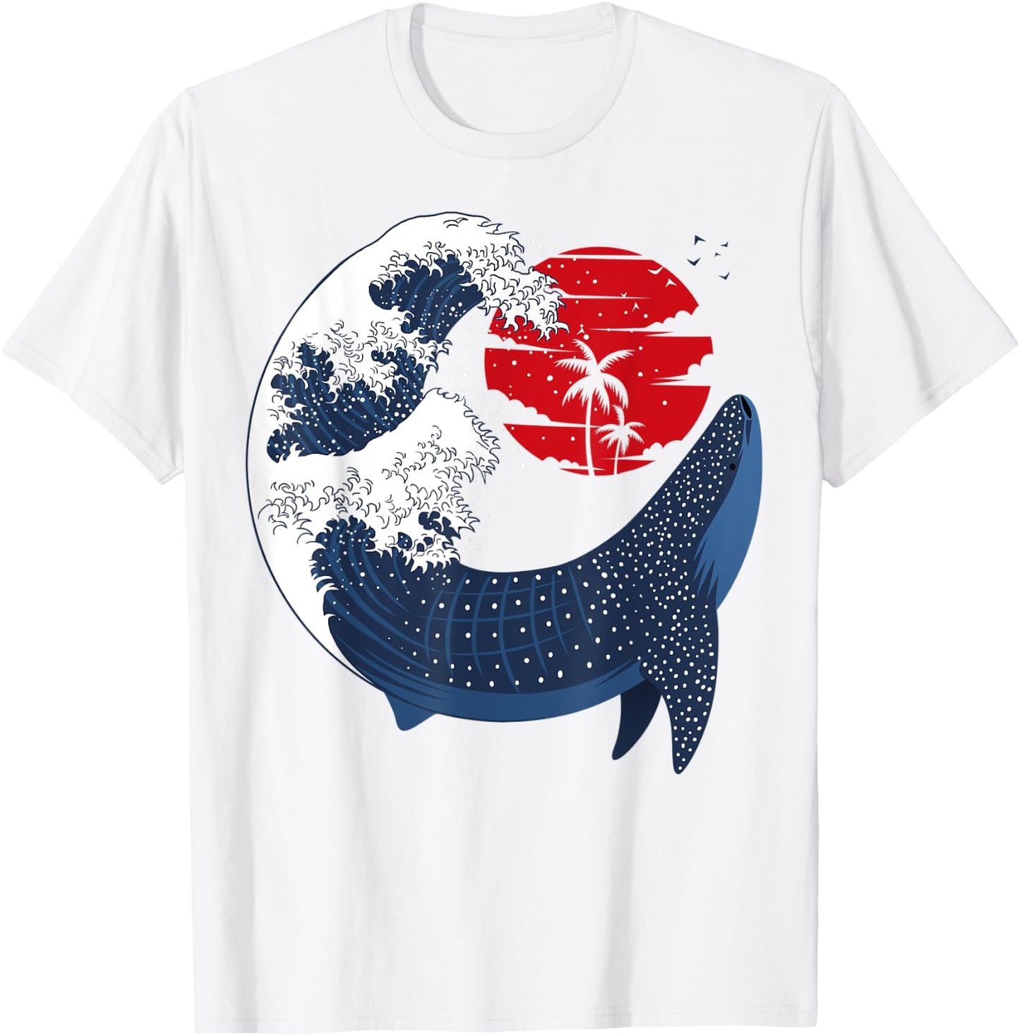 Large Shark Whale Japanese Wave T-Shirt - T-Shirt | White