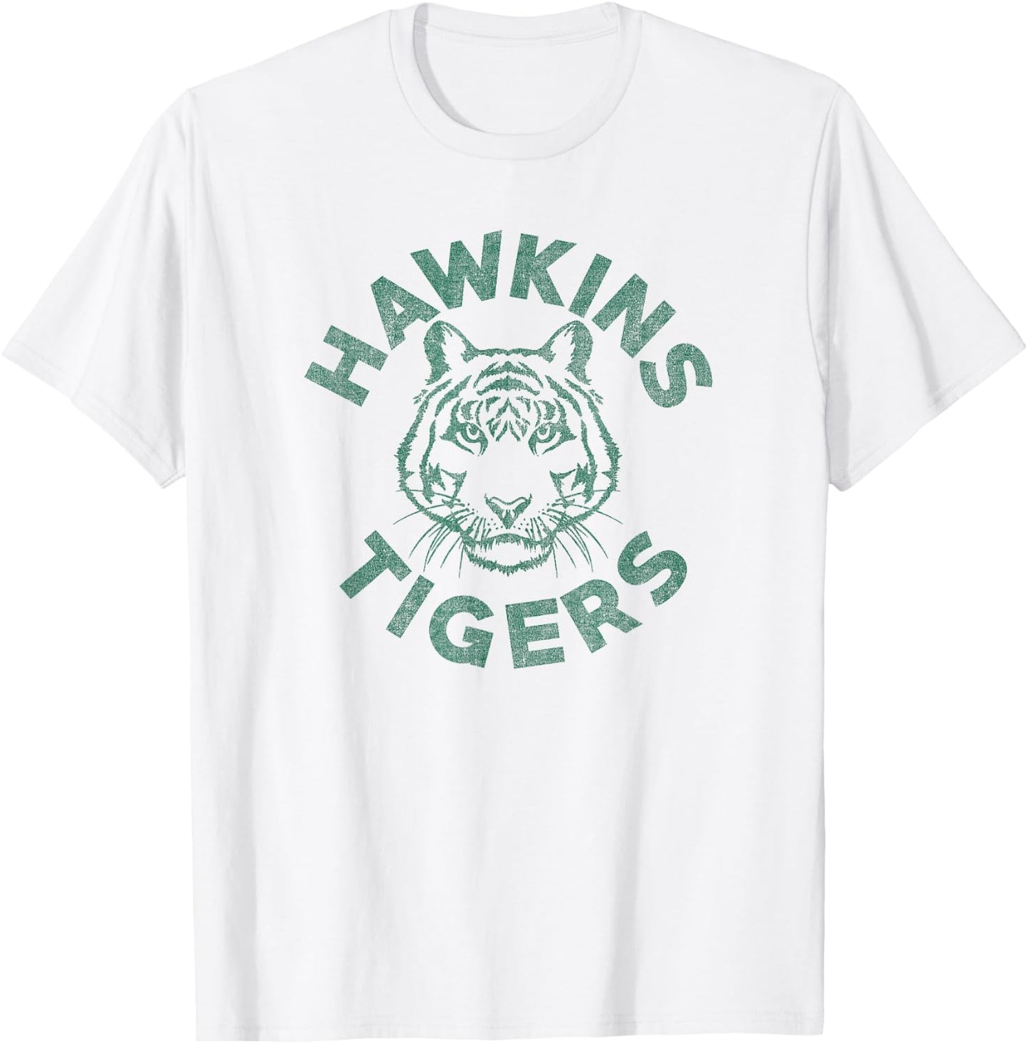 Stranger Things 4 Hawkins Tigers Faded Green Logo T-Shirt - T-Shirt | White