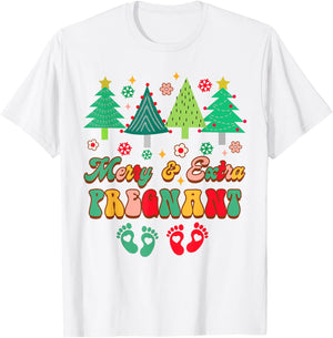 Christmas Twin Pregnancy Announcement Merry & Extra Pregnant T-Shirt - T-Shirt | White