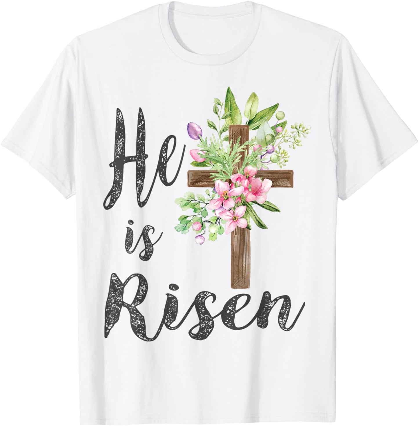 He is Risen Floral Cross Vintage Happy Easter T-Shirt - T-Shirt | White