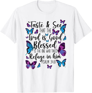 Christian Bible Verse Quote Butterfly Psalm 34:8 T-Shirt - T-Shirt | White