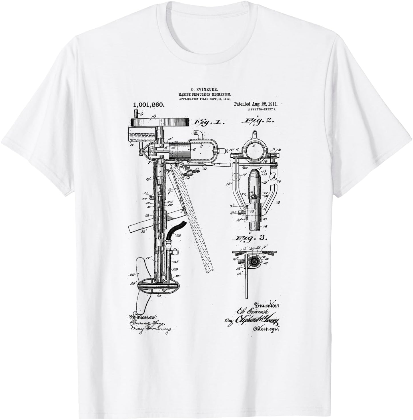 Vintage Patent Print 1911 Outboard Motor Blueprint Drawings T-Shirt - T-Shirt | White