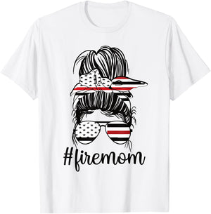 Firefighter Mom Messy Bun Fire Mom Mother Thin Red Line T-Shirt - T-Shirt | White