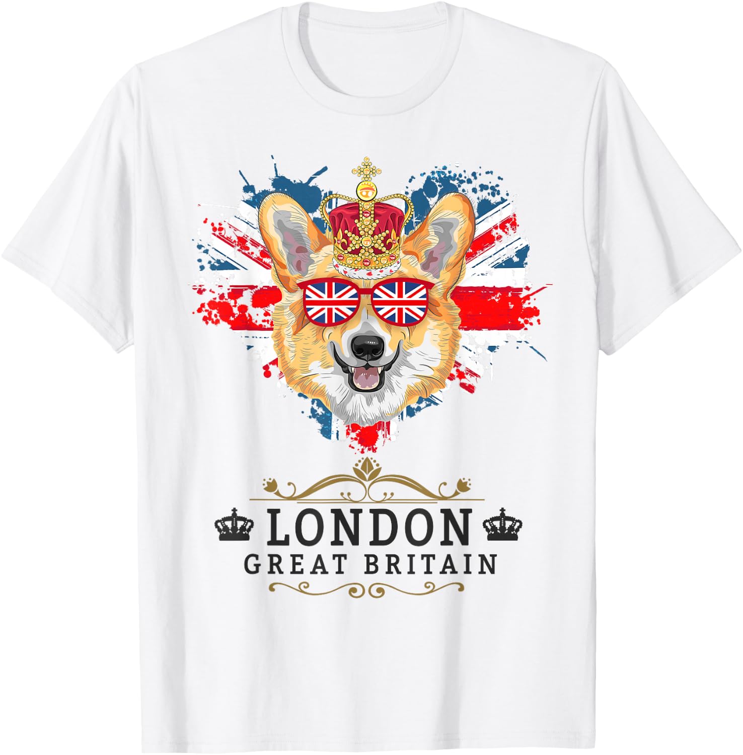 London Idea For Kids With Union Jack Flag Of England & Corgi T-Shirt - T-Shirt | White