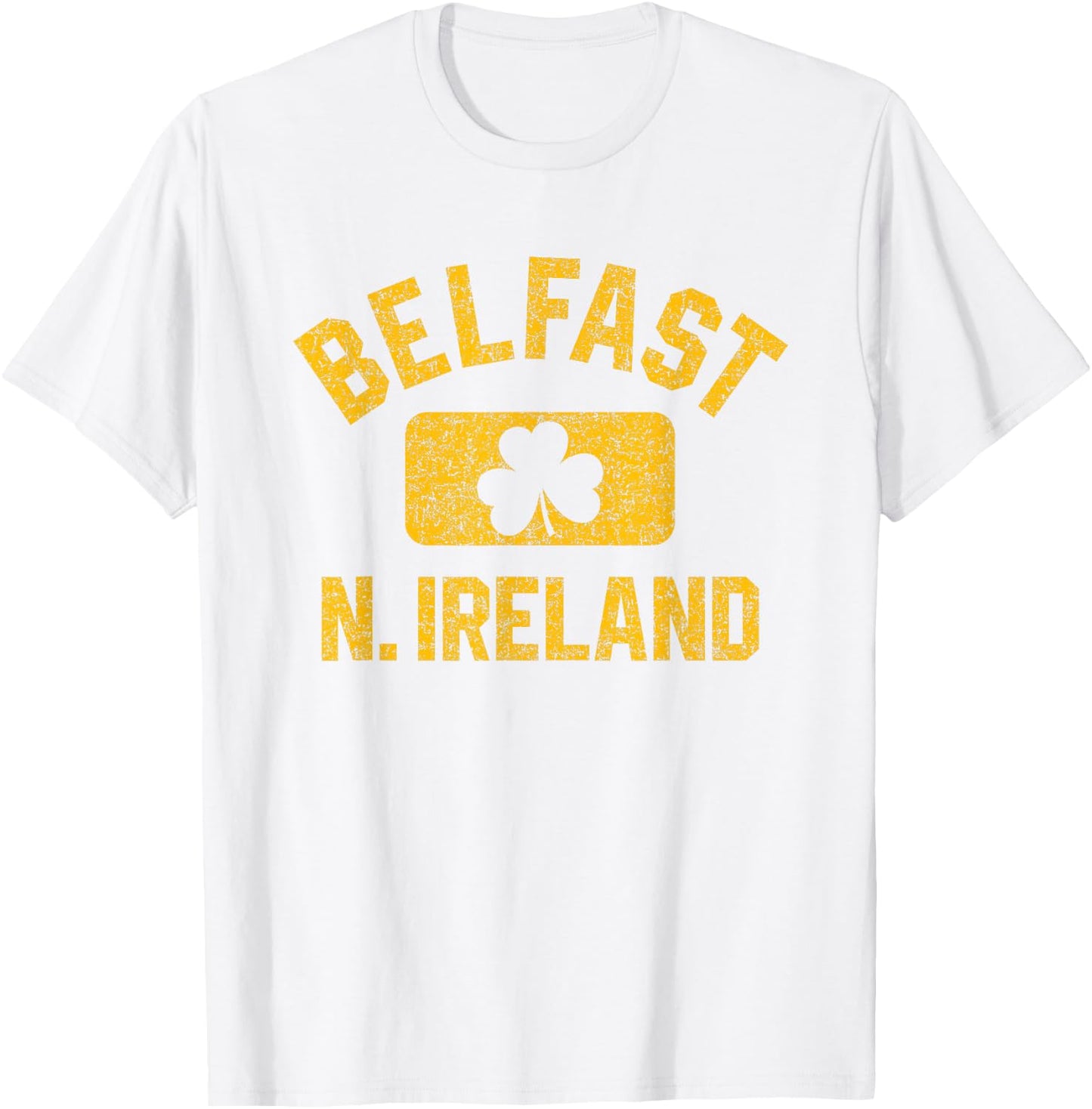 Belfast N. Ireland Gym Style Green w Distressed Amber Print T-Shirt - T-Shirt | White