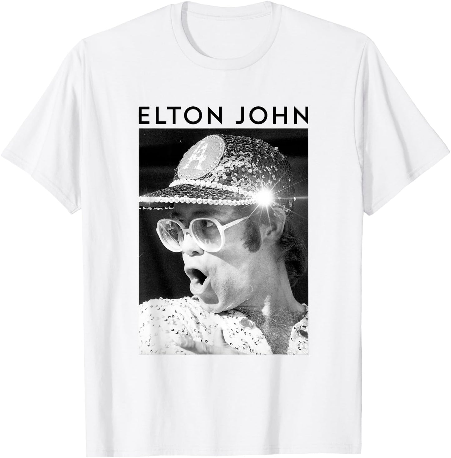 Elton John Official Black & White Photo Sequin Cap T-Shirt - T-Shirt | White
