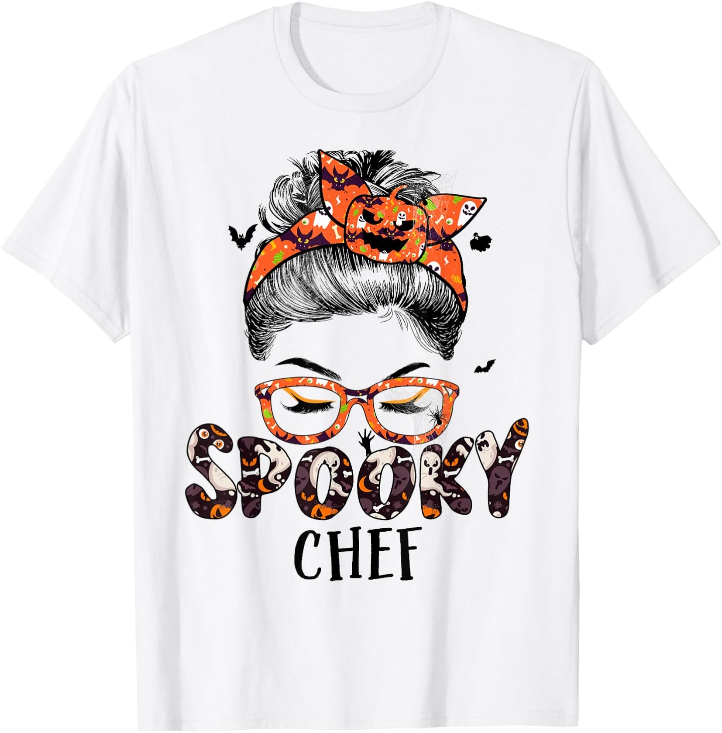 Messy Bun Spooky Chef Women Pumpkin Halloween Bat T-Shirt - T-Shirt | White
