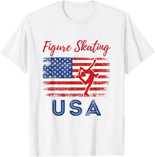 USA American Flag Figure Skating Team Girls Women T-Shirt - T-Shirt | White