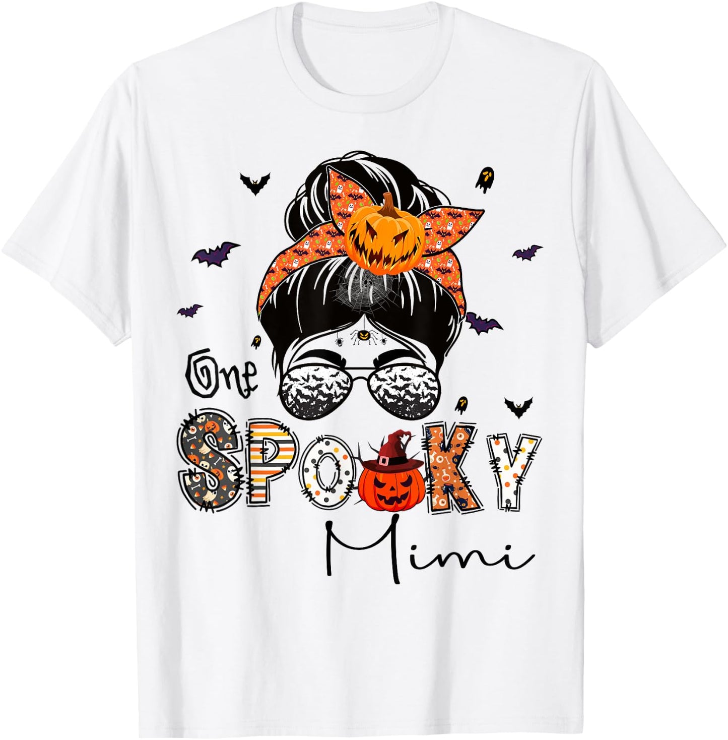 One Spooky Mimi Messy Bun Grandma Pumpkin Halloween T-Shirt - T-Shirt | White