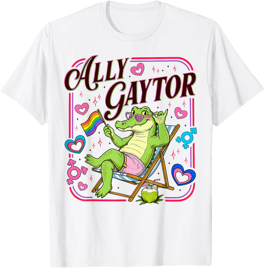 Ally Gator Pride LGBT Rainbow Flag Funny Alligator Men Women T-Shirt - T-Shirt | White