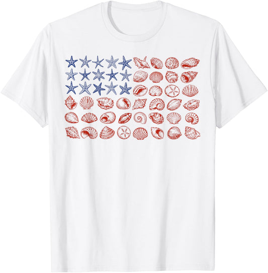 Seashell USA Flag 4th of July Women Kids Summer T-Shirt - T-Shirt | White
