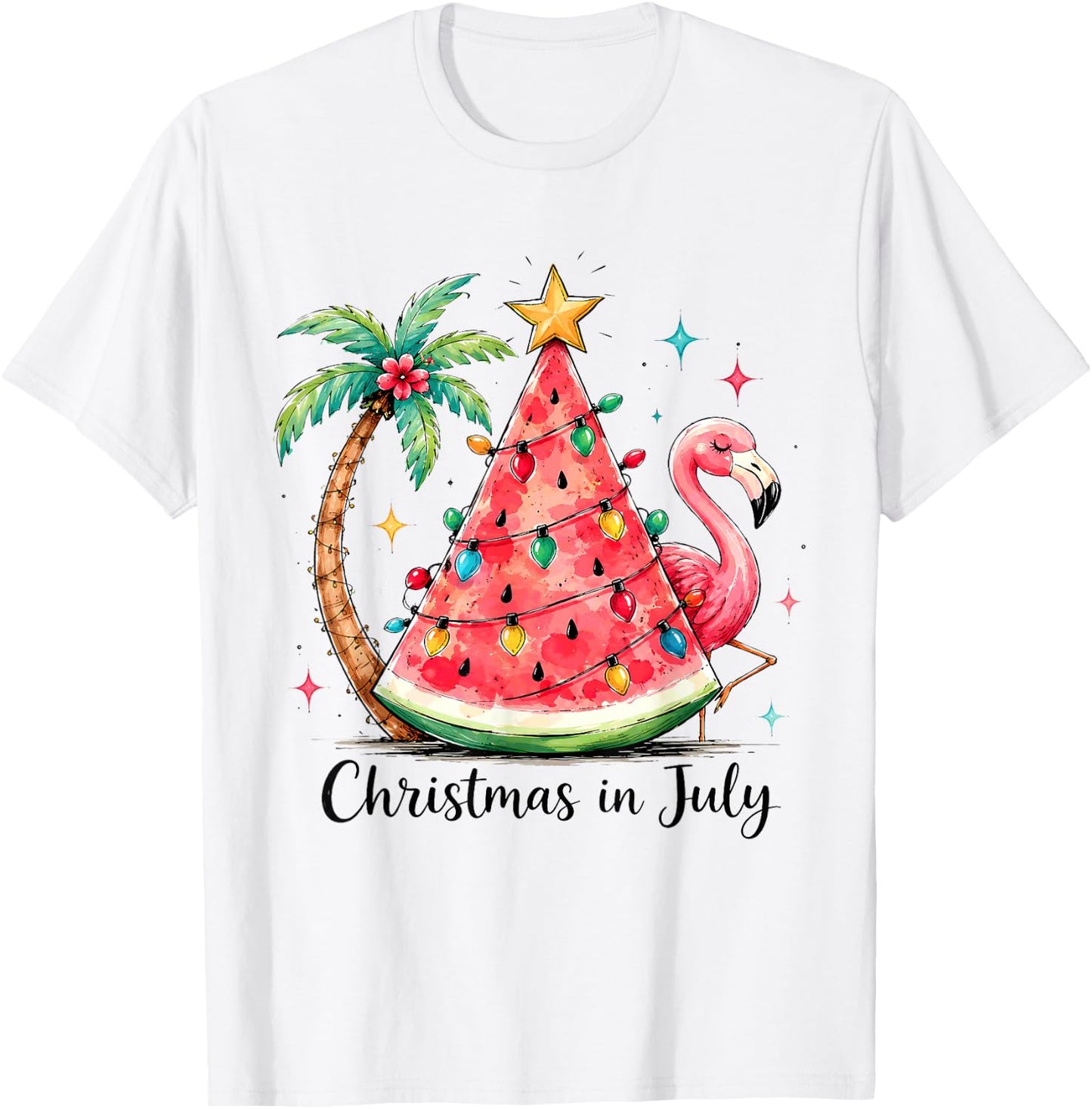 Christmas in July Watermelon Tree Flamingo Palm Tropical T-Shirt - T-Shirt | White