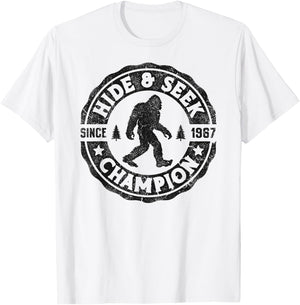 Bigfoot Hide And Seek Champion Funny Sasquatch Retro Vintage T-Shirt - T-Shirt | White