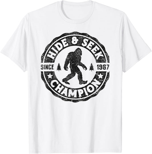 Bigfoot Hide And Seek Champion Funny Sasquatch Retro Vintage T-Shirt - T-Shirt | White