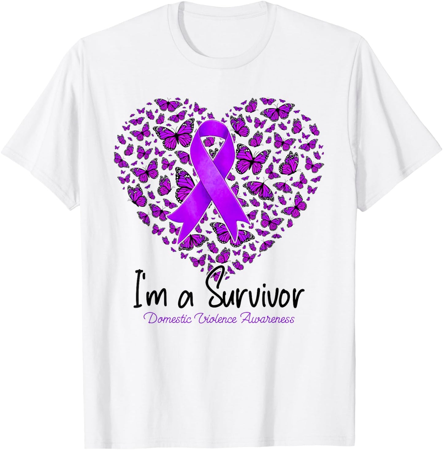 Purple Butterfly Heart I'm A Survivor Domestic Violence T-Shirt - T-Shirt | White