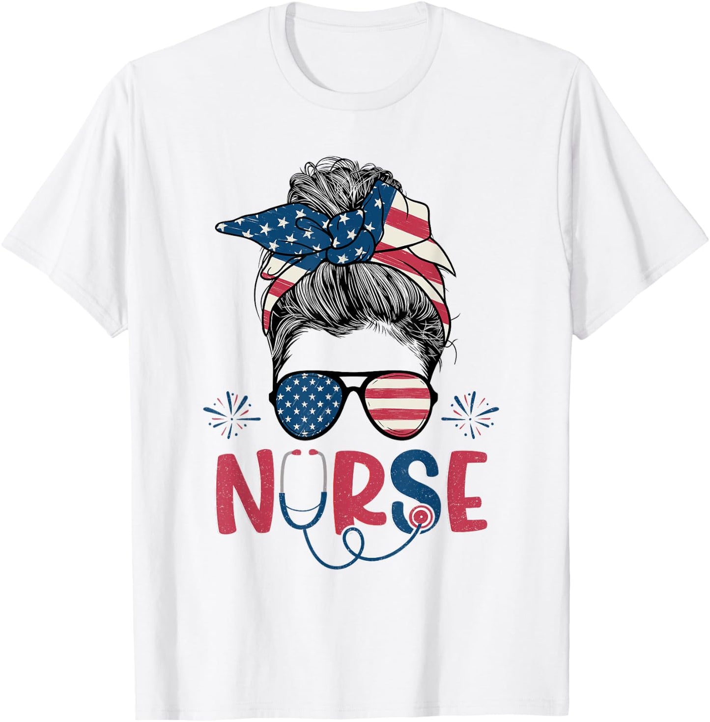 American Flag Patriotic Nurse Messy Bun 4th Of July Nurse Kids Men T-Shirt - T-Shirt | White