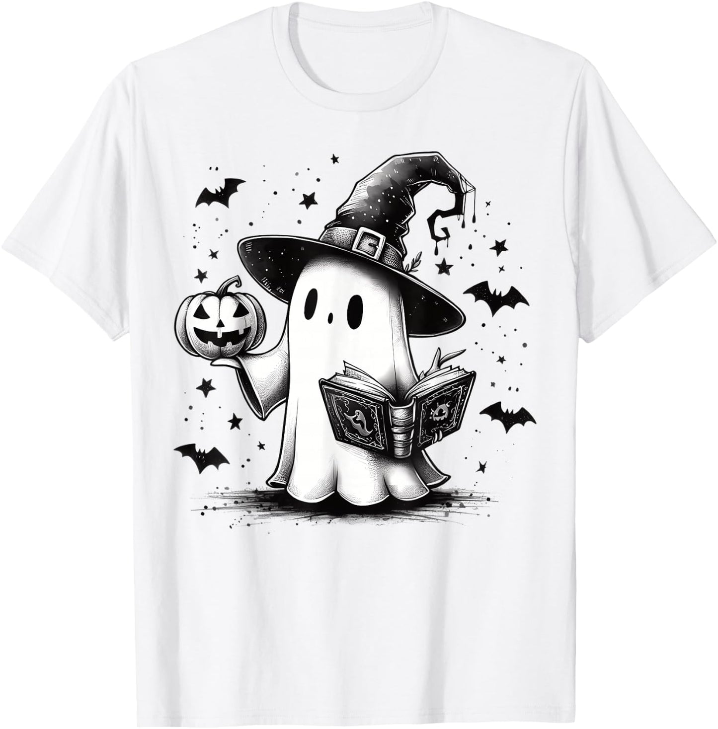 Bookish Ghost Witch Hat Reading Book Nerd Bookworm Literary T-Shirt - T-Shirt | White