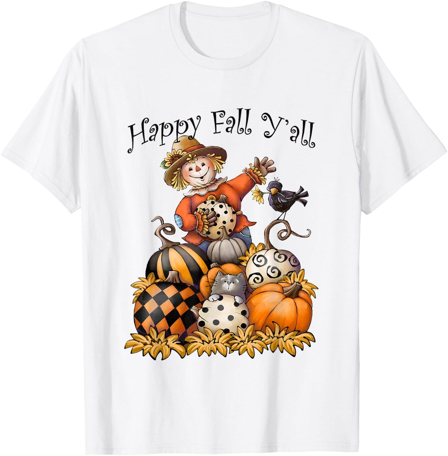 Scarecrow Happy Fall Y'all Pumpkin Thanksgiving Halloween T-Shirt - T-Shirt | White