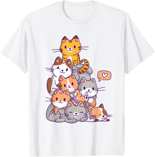 Cute Kawaii Cat Kitty Meowtain Cats Pile Chibi Women Girls T-Shirt - T-Shirt | White