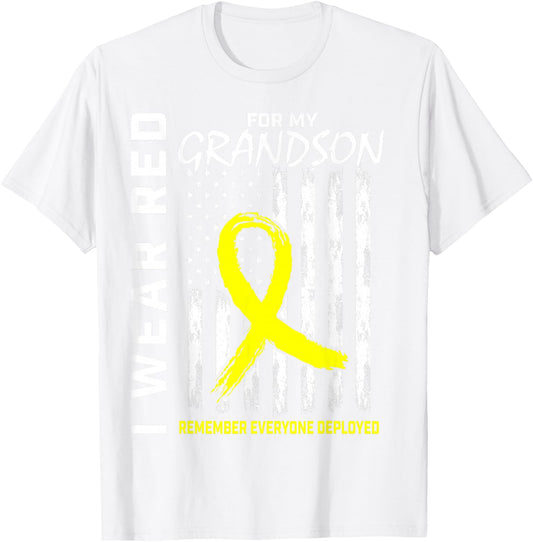 I Wear Red Grandson Yellow Ribbon Military Support USA Flag Men T-Shirt - T-Shirt | White