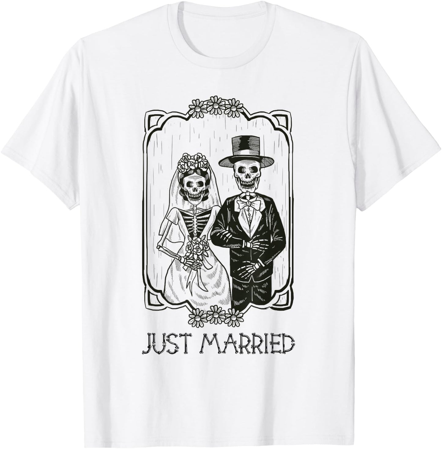 Halloween Skeletons Bride and Groom Just Married Funny T-Shirt - T-Shirt | White