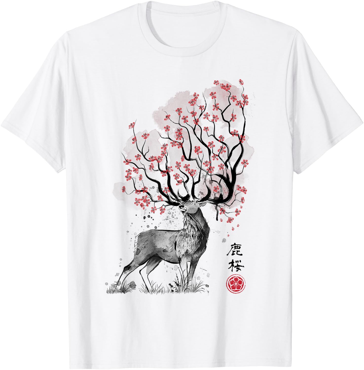Sakura Deer tree japan sumi-e art T-Shirt - T-Shirt | White