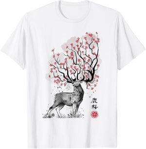 Sakura Deer tree japan sumi-e art T-Shirt - T-Shirt | White