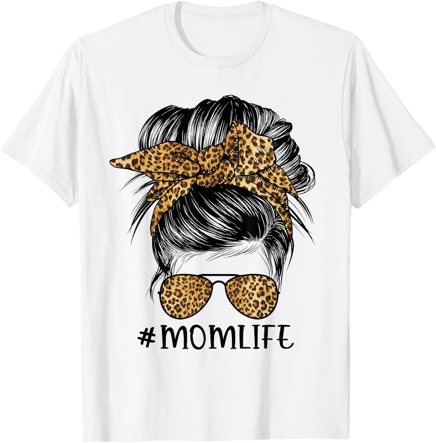 Mom Life Messy Bun Hair Bandana Leopard Print T-Shirt - T-Shirt | White