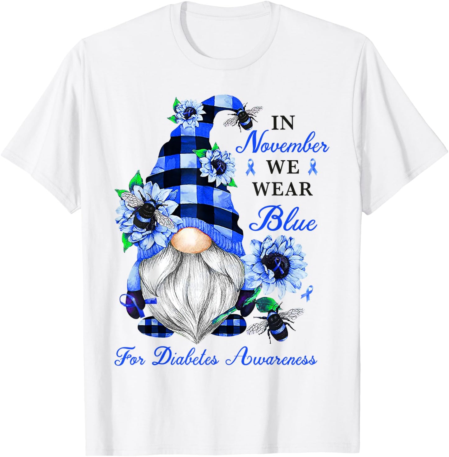 Gnome Diabetic November Diabetes Month Ribbon Blue Awareness T-Shirt - T-Shirt | White