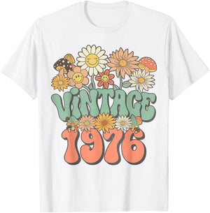 Vintage 1976 Daisy Hippie Groovy Wildflower 50th Birthday T-Shirt - T-Shirt | White