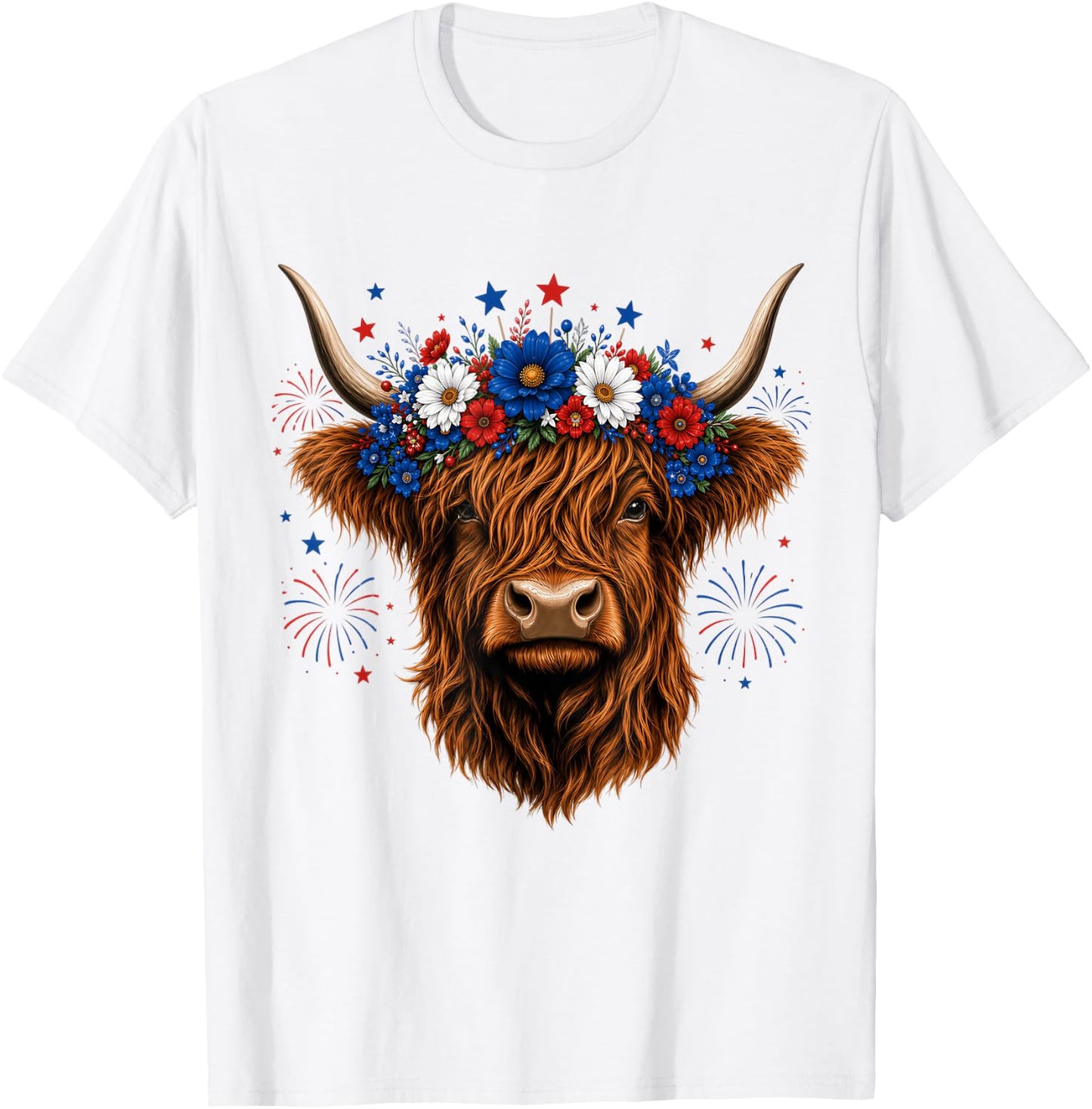 Highland Cow Cattle Floral 4th of July Patriotic Fireworks T-Shirt - T-Shirt | White