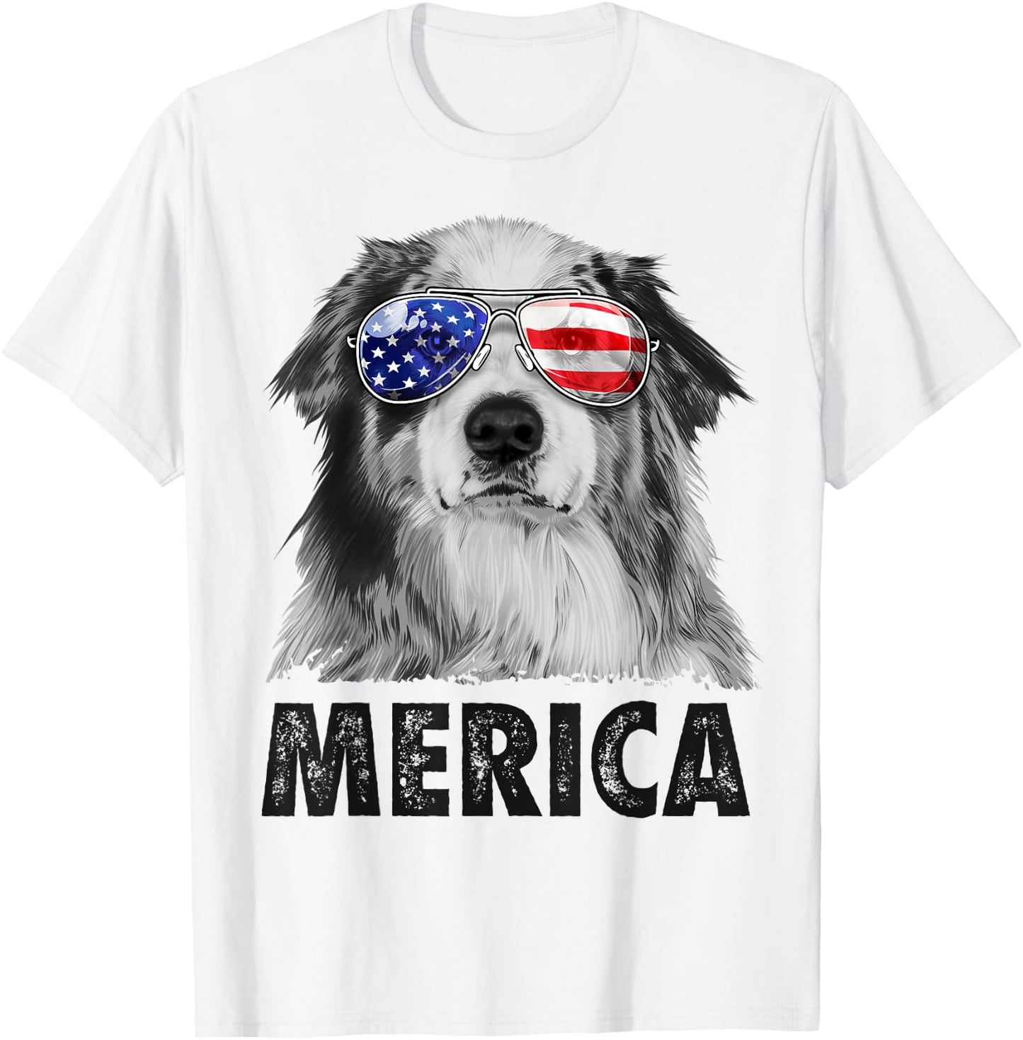 Aussie Australian Shepherd 4th of July Merica American Flag T-Shirt - T-Shirt | White