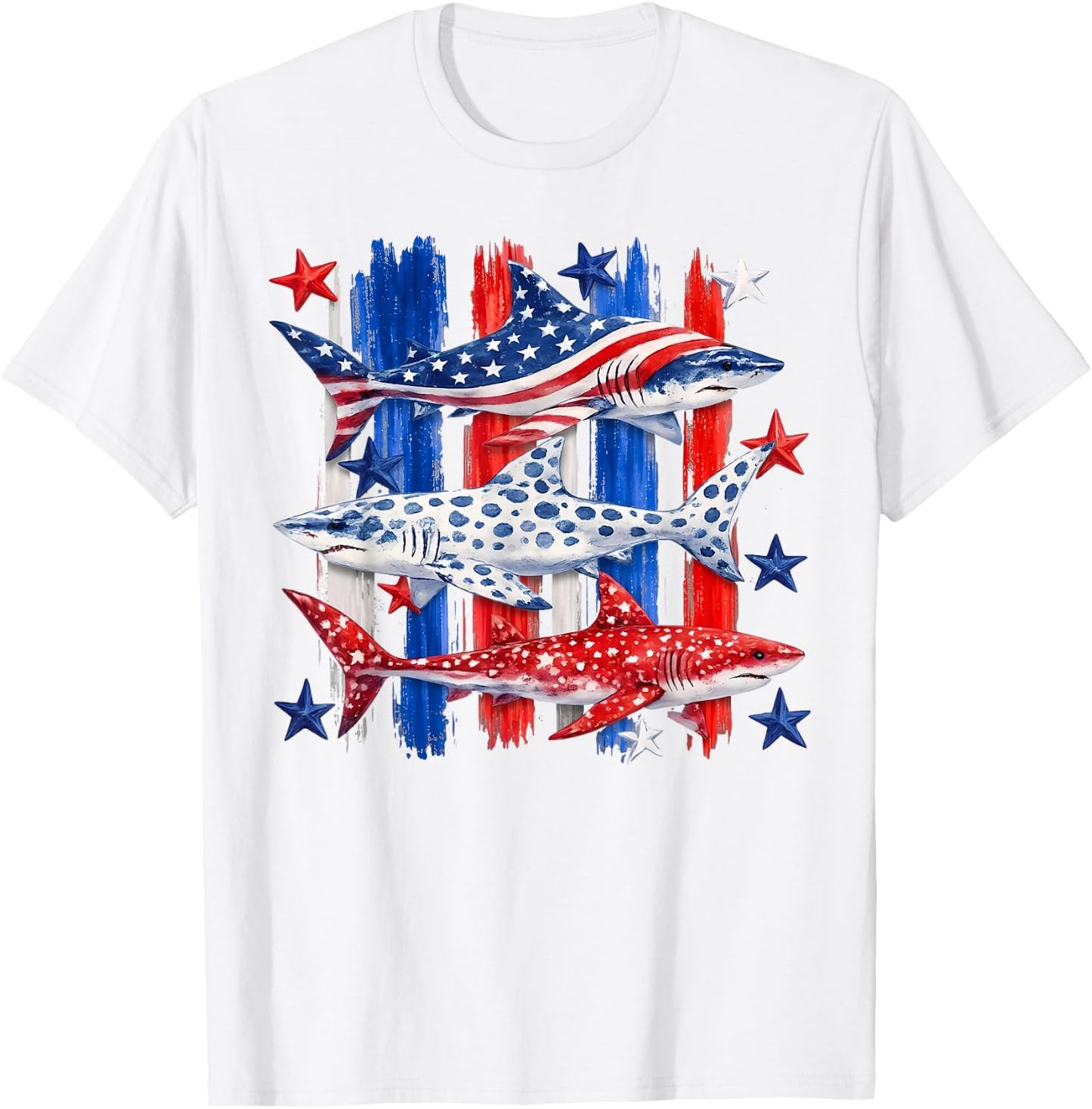 Patriotic USA American Flag Shark Stars and Stripes Men Boys T-Shirt - T-Shirt | White