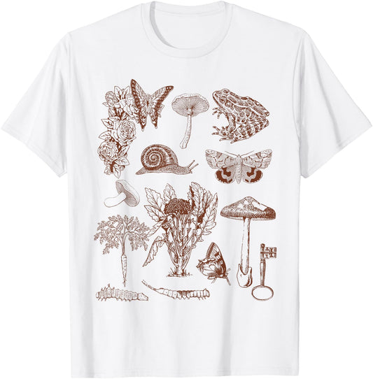 Botanical Art, Frog Fungi Goblincore Aesthetic Cottagecore T-Shirt - T-Shirt | White