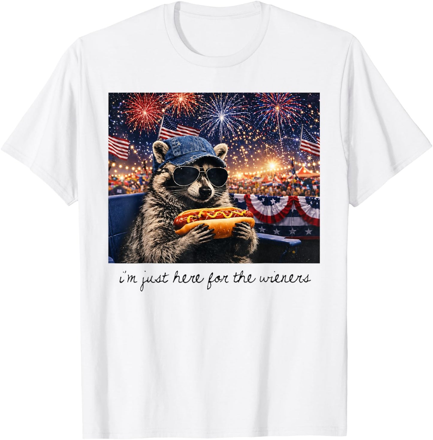 I'm Just Here for The Wieners Funny Raccoon Hot Dog Art T-Shirt - T-Shirt | White