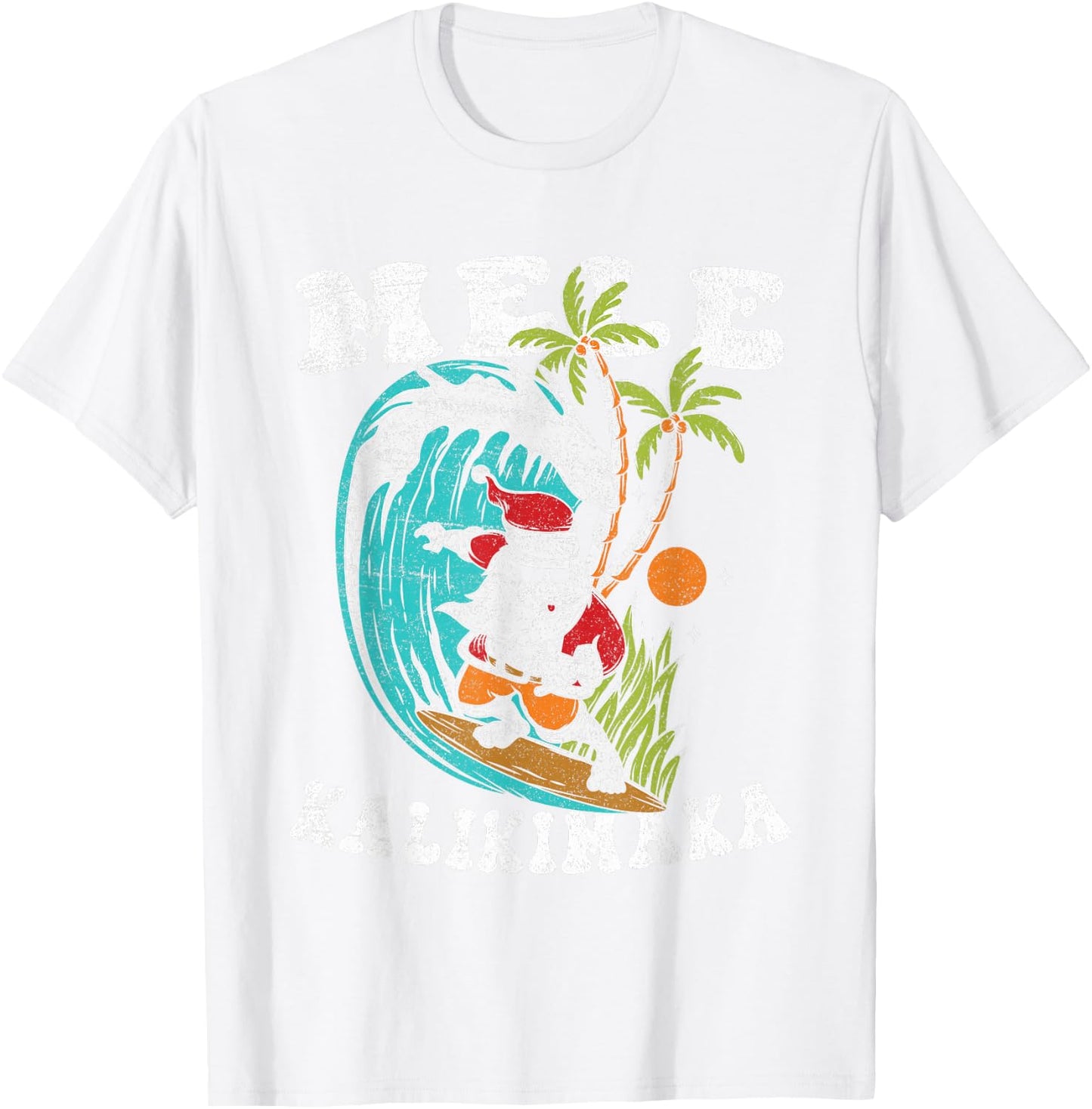 Mele Kalikimaka Hawaii Christmas Surfing Santa T-Shirt - T-Shirt | White