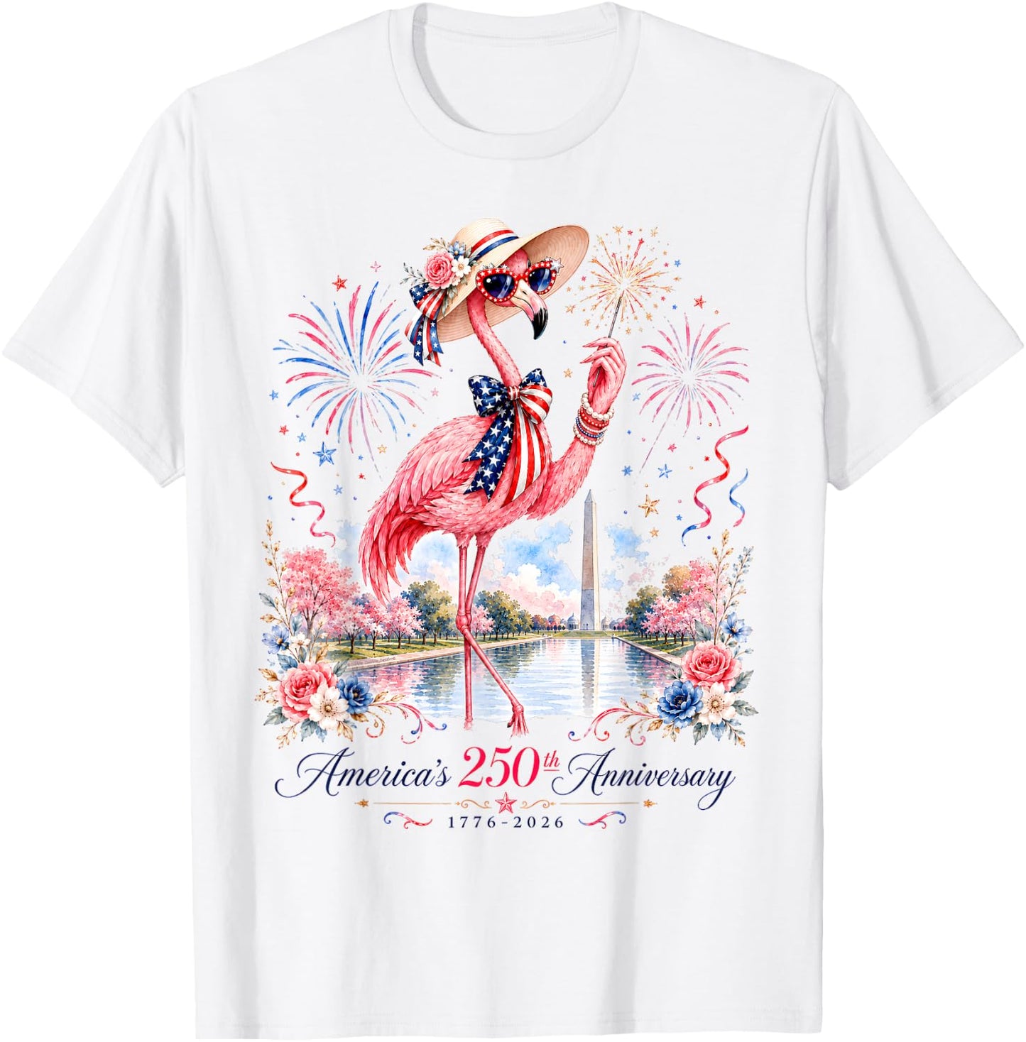 Patriotic Pink Flamingo Reflecting Pool 250 Years T-Shirt - T-Shirt | White