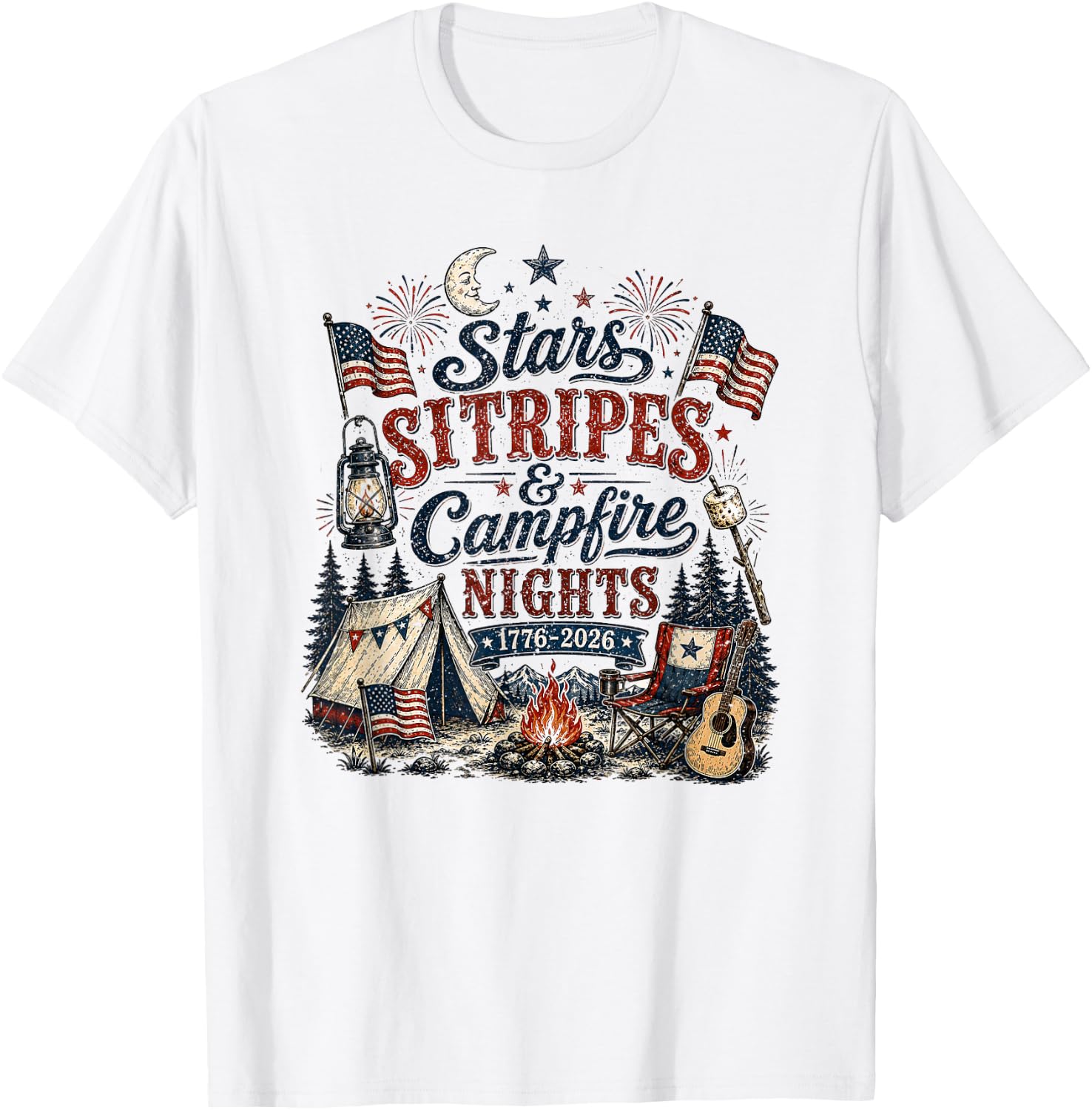 Stars Stripes and Campfires Funny Patriotic Camping Day T-Shirt - T-Shirt | White