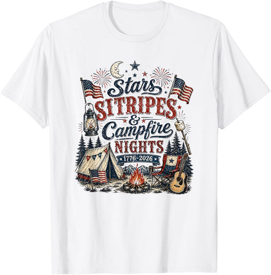 Stars Stripes and Campfires Funny Patriotic Camping Day T-Shirt - T-Shirt | White