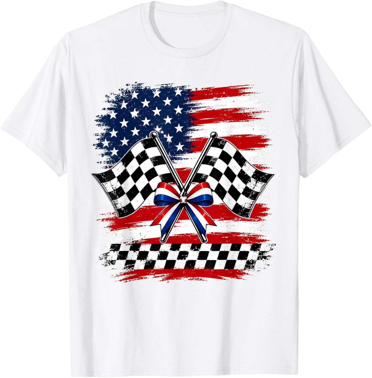 4th of July USA Patriotic Racing Flags Checkered Race Day T-Shirt - T-Shirt | White