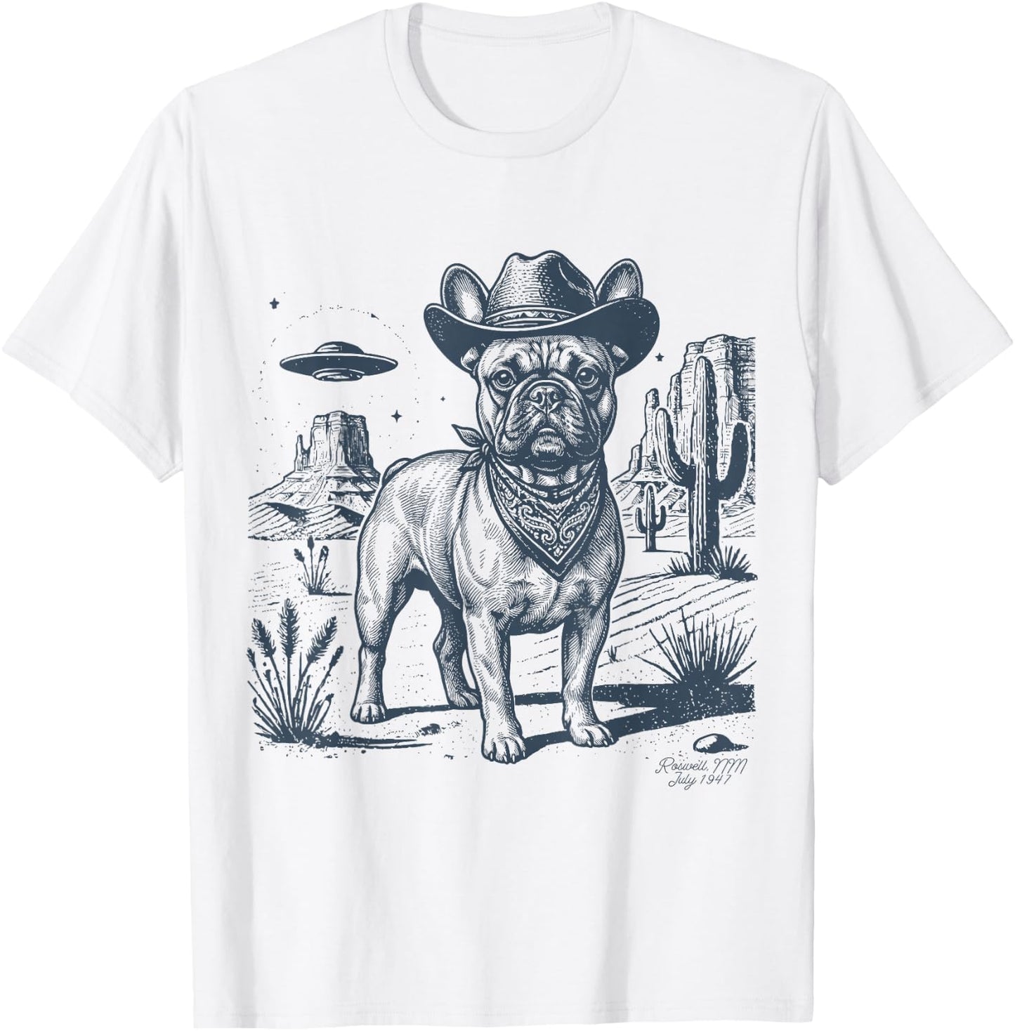 Vintage Alien UFO Western Cowboy French Bulldog Dog Desert T-Shirt - T-Shirt | White