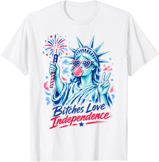 Retro Bitches Love Independence Funny 4th of July Women T-Shirt - T-Shirt | White