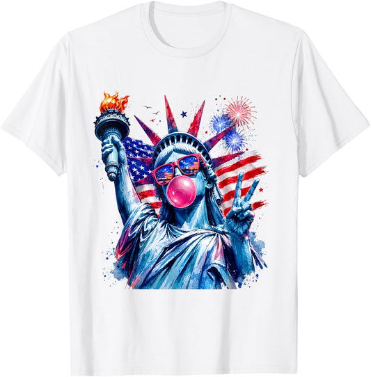 4th of July Statue of Liberty Blowing Bubble Gum USA Flag T-Shirt - T-Shirt | White