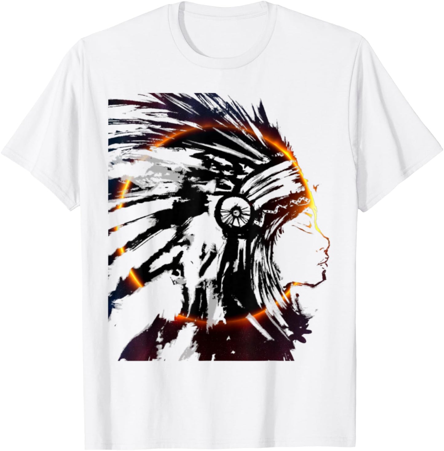 Eclipse Headdress Native American Indian Traditional Art T-Shirt - T-Shirt | White