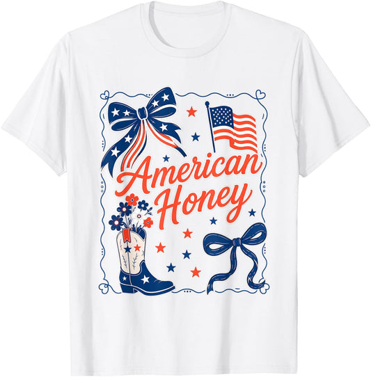 American Honey Retro Coquette Bow Patriotic 4th of July T-Shirt - T-Shirt | White