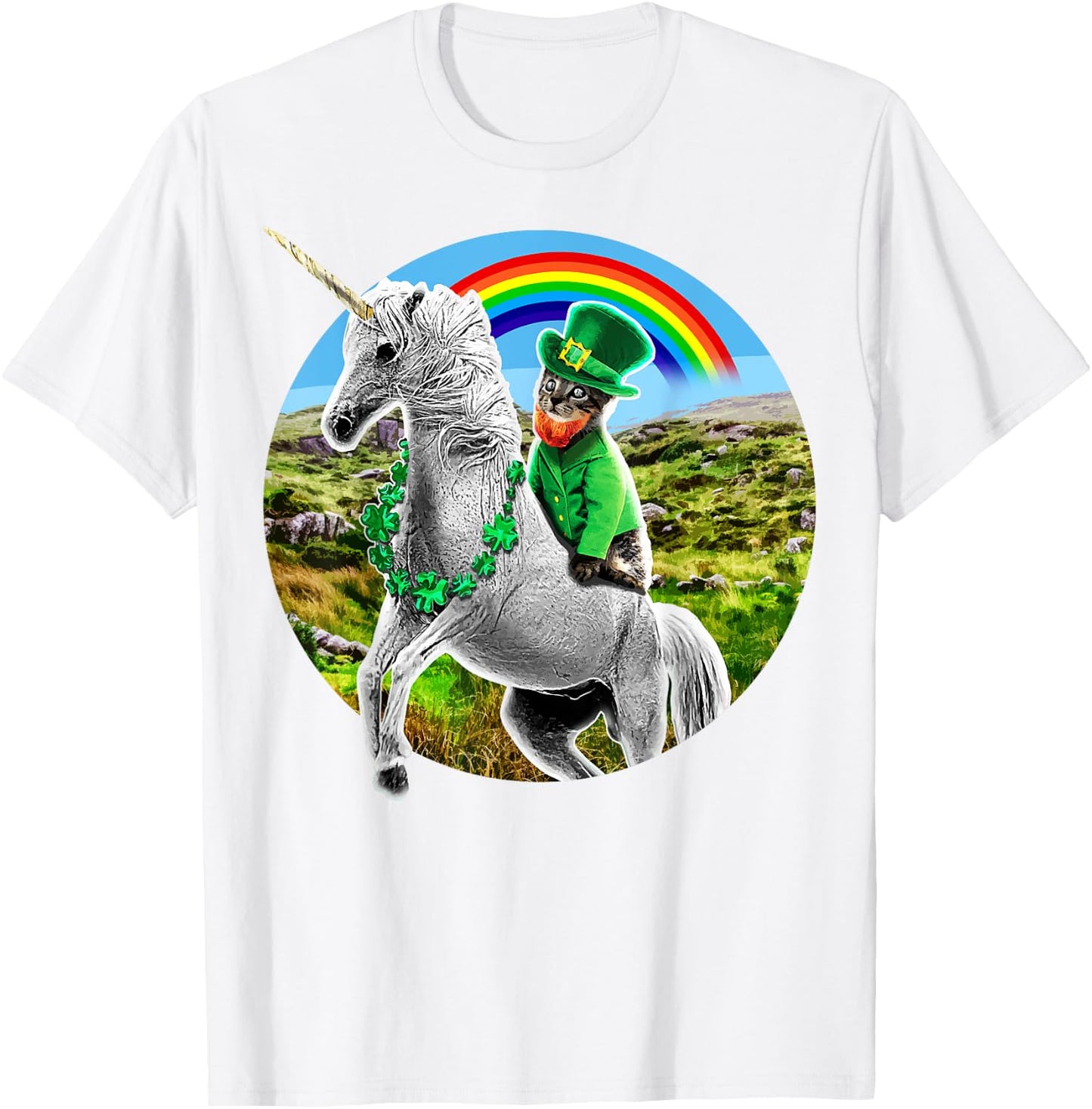 St. Patricks Day Unicorn Rainbow Leprechaun Cat Shirt Gift T-Shirt - T-Shirt | White