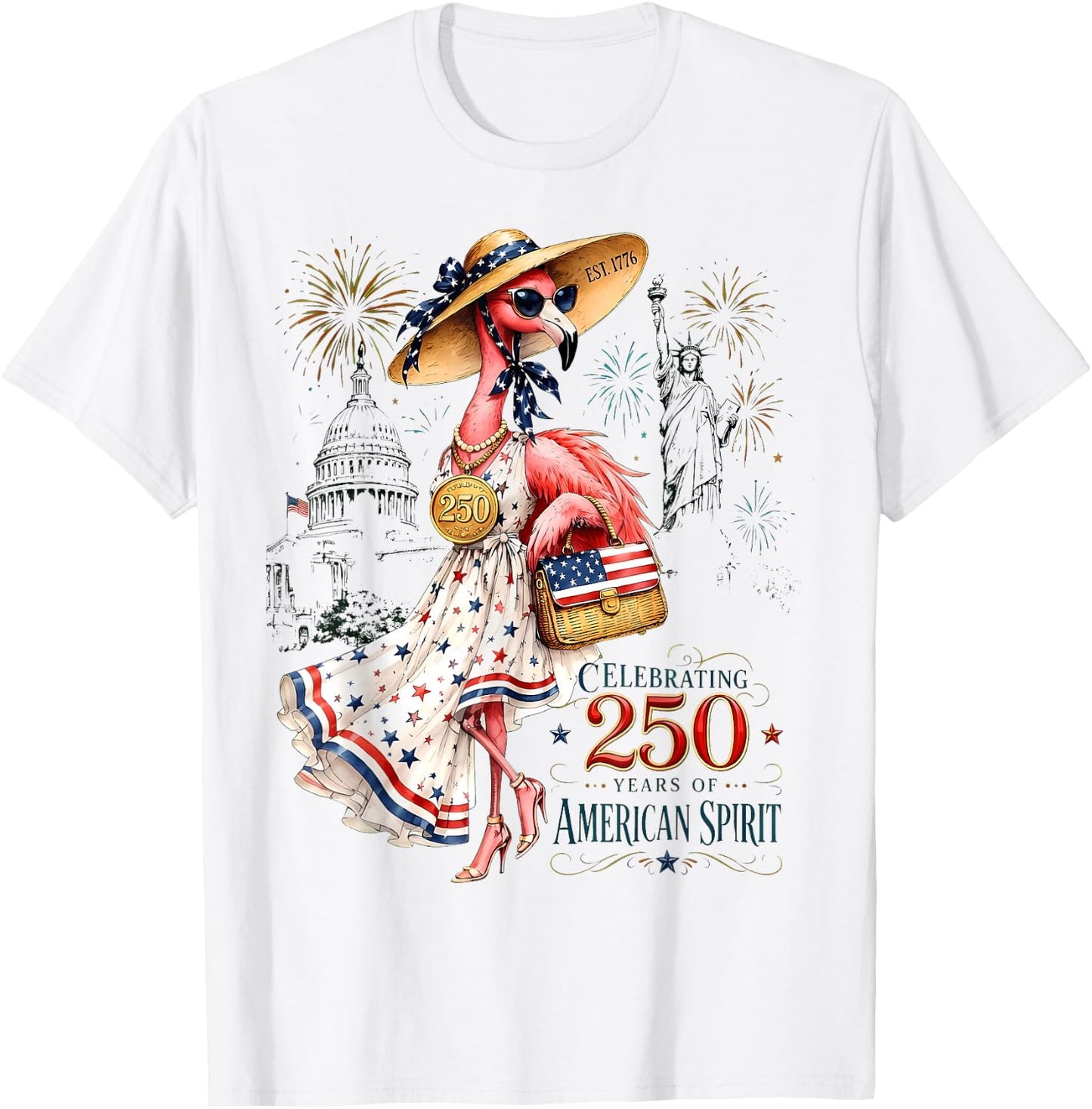 Patriotic Flamingo 250 Years American Spirit T-Shirt - T-Shirt | White