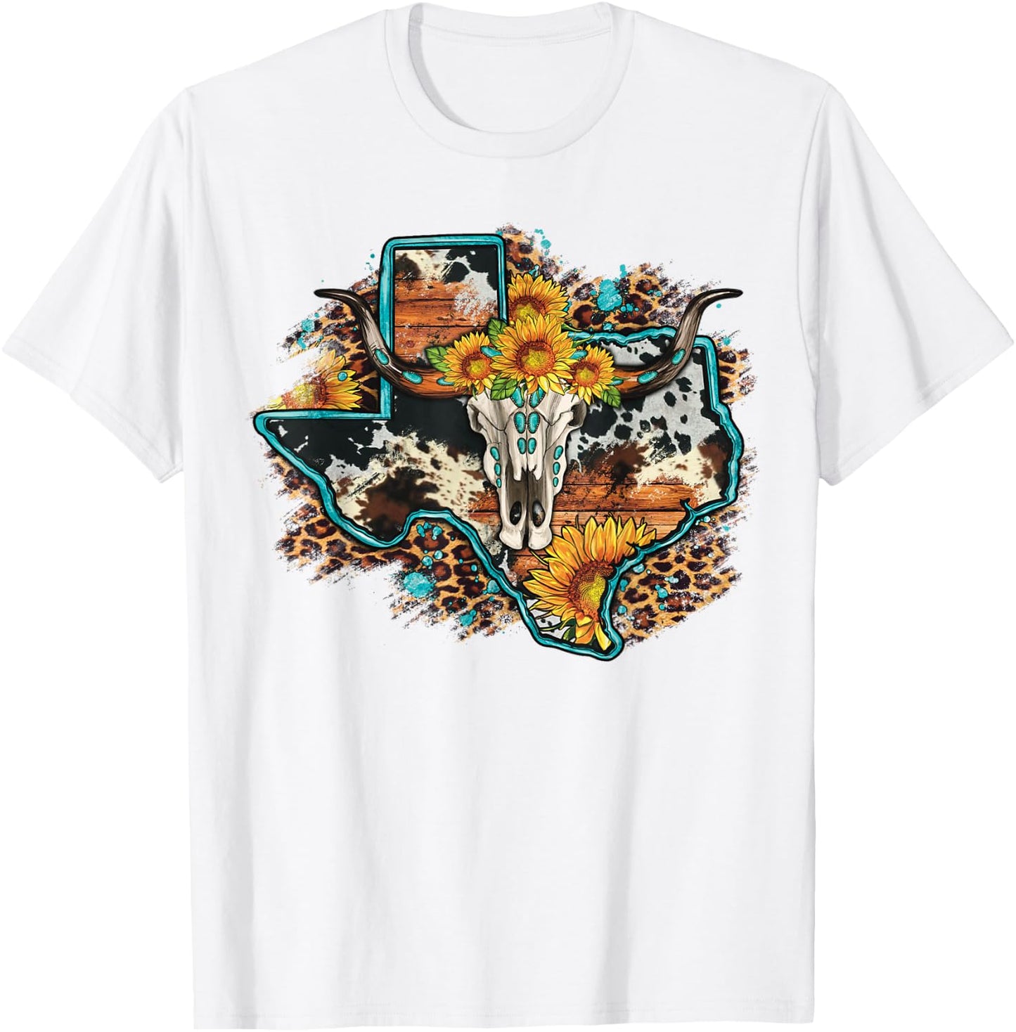 Bull Skull Leopard Cowhide Sunflower Texas Map Western T-Shirt - T-Shirt | White
